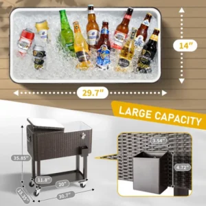 CampGlut 80QT Rattan-Kühler mit quadratischen Beinen und Regal.