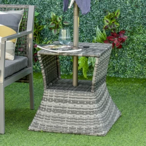 Außenbeistelltisch mit Sonnenschirmloch, 2-stöckig, Rattan, mit Ablage, wette...
