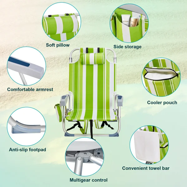 CampGlut grüner Oxford-Stoff-Strandstuhl mit Aluminiumrahmen.