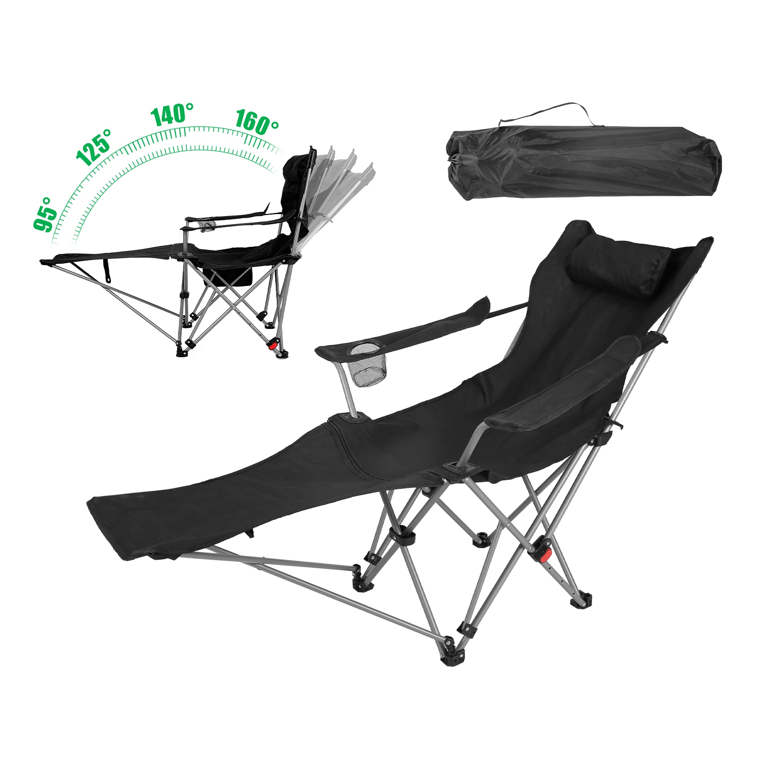 1 pièce chaise de camping inclinable avec repose-pieds, réglable sur 4 positions, chaise pliante d’extérieur, chaise de