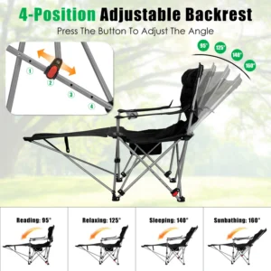 1 pièce chaise de camping inclinable avec repose-pieds, réglable sur 4 positions, chaise pliante d’extérieur, chaise de 